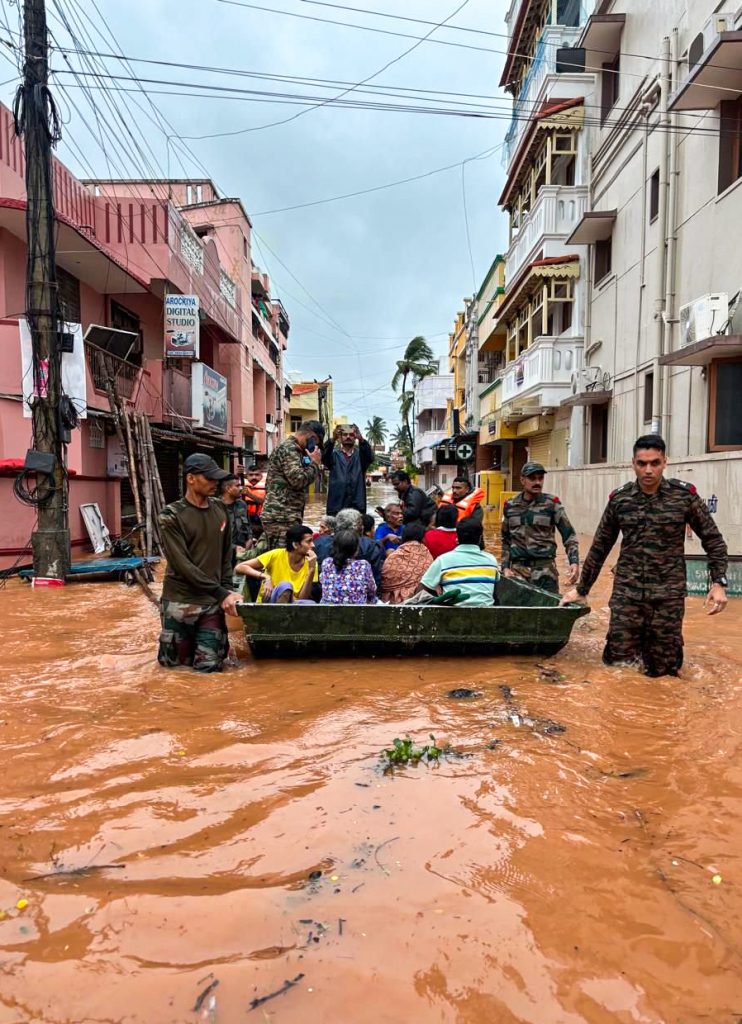 Indian Army conduct flood relief operations following heavy rainfall caused by Cyclone Fengal