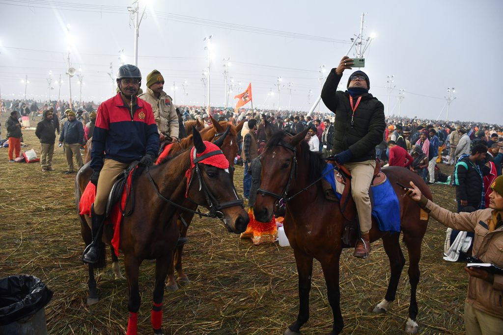 Mounted Police patrol at Sangam during Maha Kumbh 2025