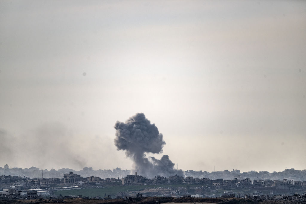 Smoke, rising over the destroyed and heavily damaged residential areas following the Israeli attacks on Gaza, is seen from Sderot, Israel on January 14, 2025. Photo by Mostafa Alkharouf/Anadolu via Getty Images