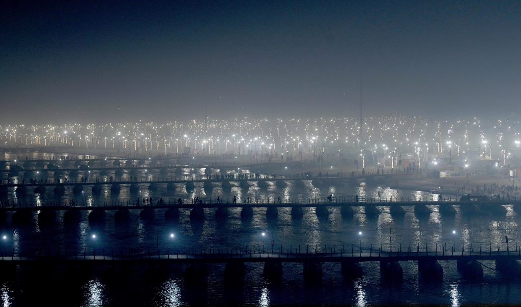 An illuminated view of Triveni Sangam