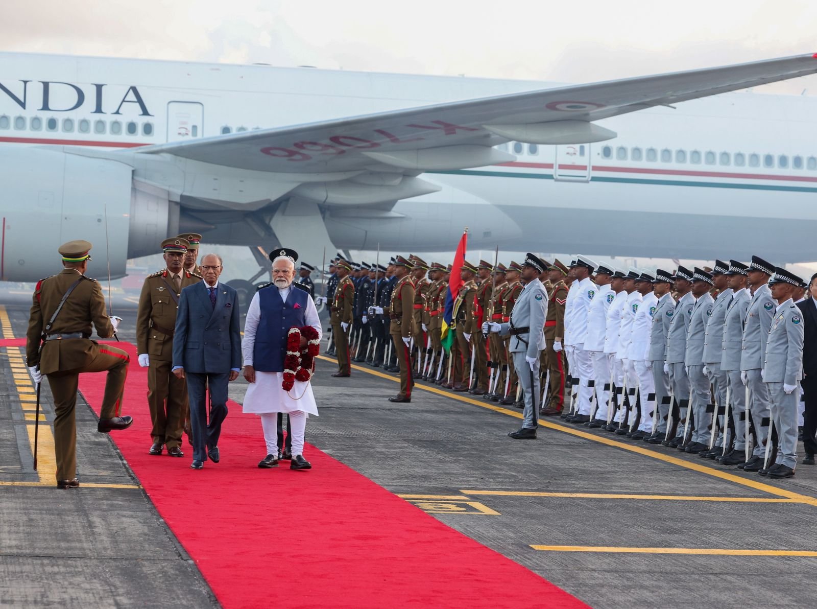 Prime Minister Modi lands in Mauritius, accorded ceremonial welcome