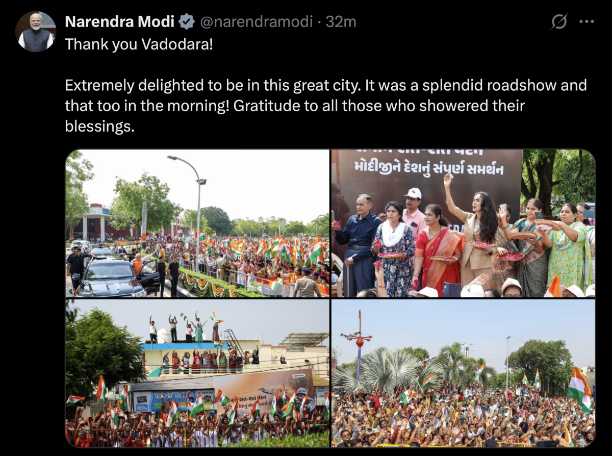 वडोदरा रोड शो के बाद पीएम मोदी ने कहा- ‘आशीर्वाद देने वाले सभी लोगों का आभार’ वडोदरा रोड शो के बाद पीएम मोदी ने कहा- ‘आशीर्वाद देने वाले सभी लोगों का आभार’