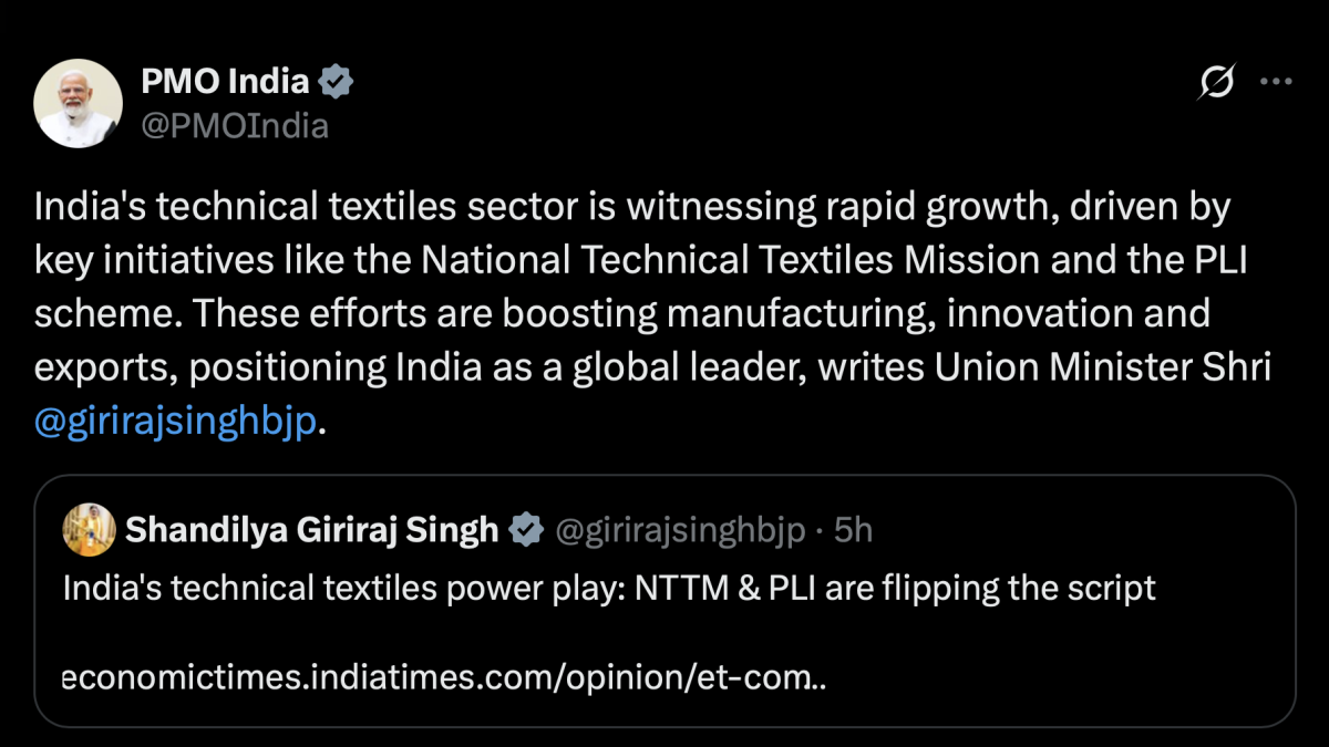 पीएम मोदी एक लेख साझा कर बताया- ‘आखिर किस तरह भारत का तकनीकी वस्त्र क्षेत्र तेजी से कर रहा विकास’ 