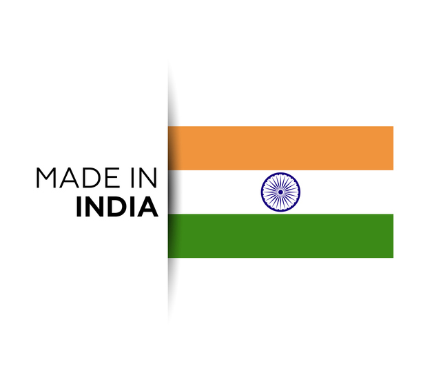 Made in the India label, product emblem. White isolated background