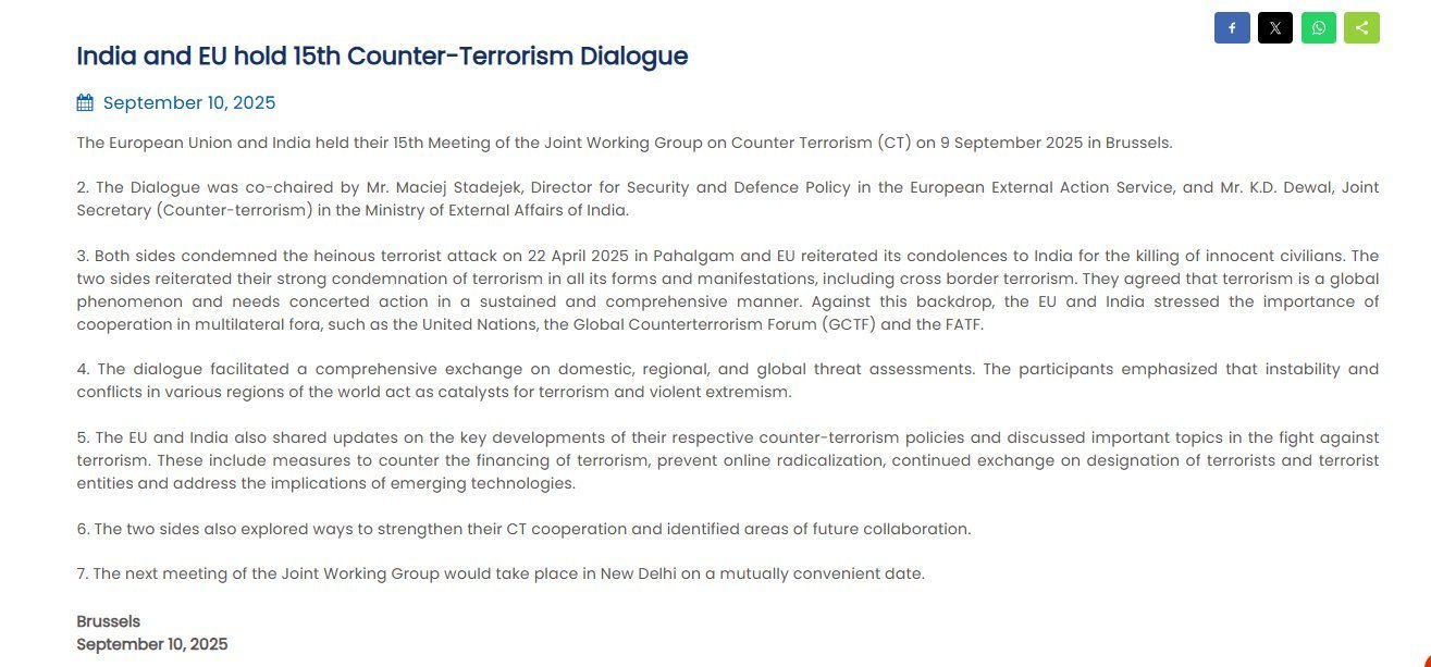 EU and India hold 15th joint working group on counter-terrorism in Brussels
