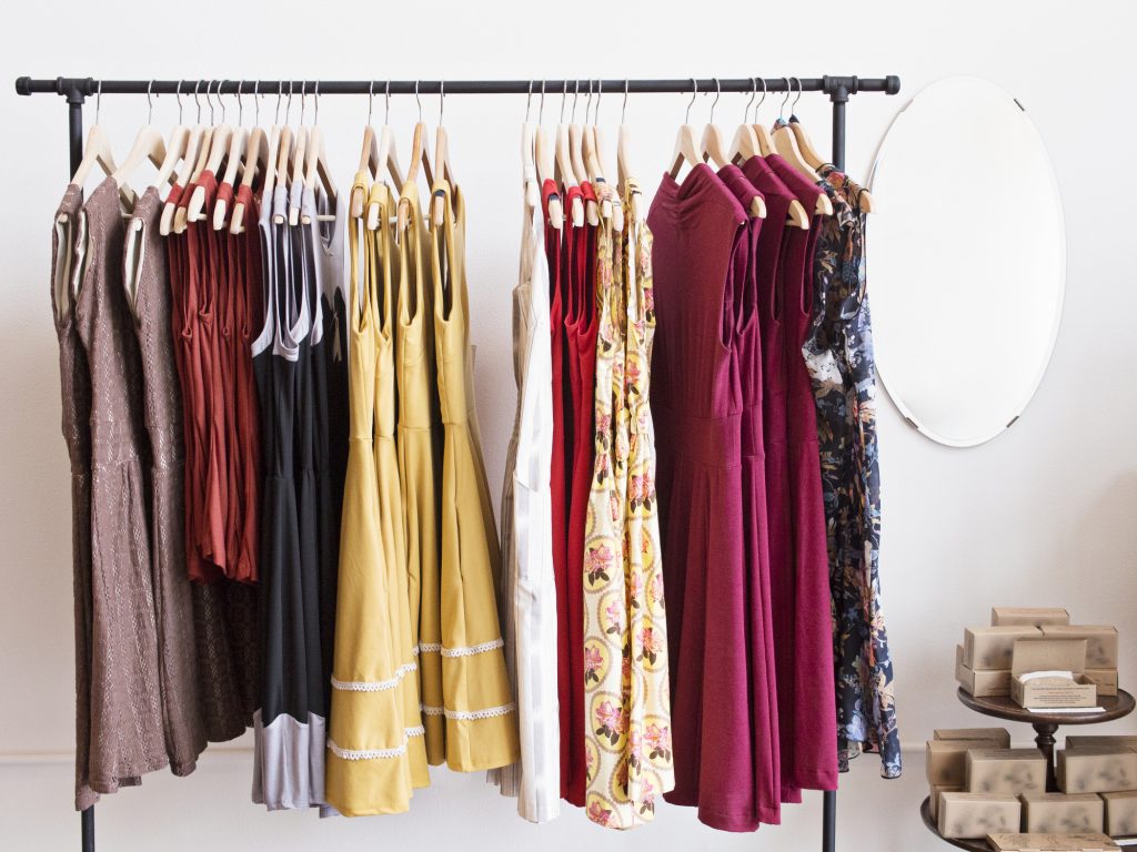 Rack of dresses in boutique