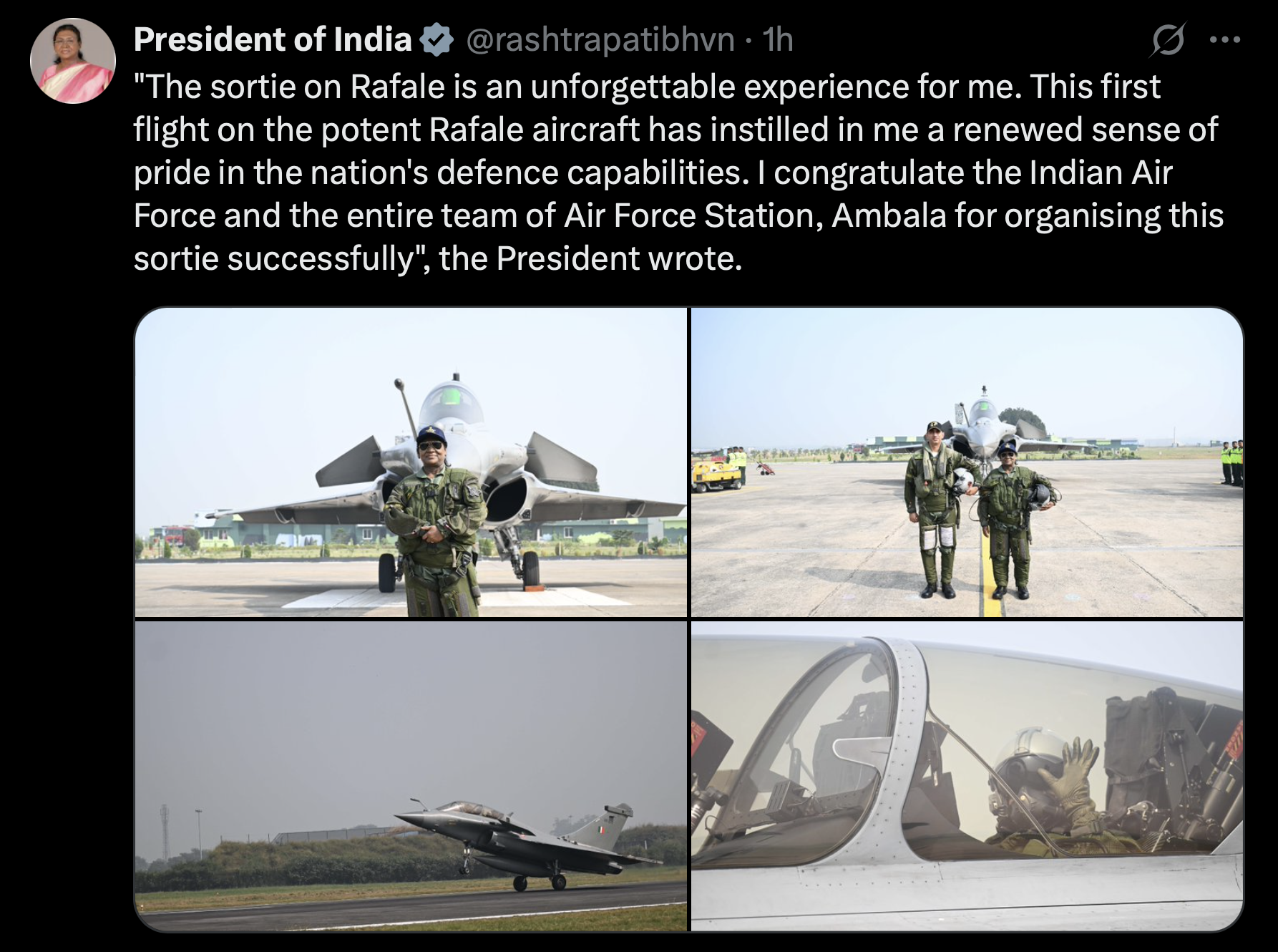 राष्ट्रपति मुर्मु ने लड़ाकू विमान में उड़ान भरने के बाद कहा- ‘राफेल ने देश की रक्षा क्षमता पर गर्व बढ़ाया’