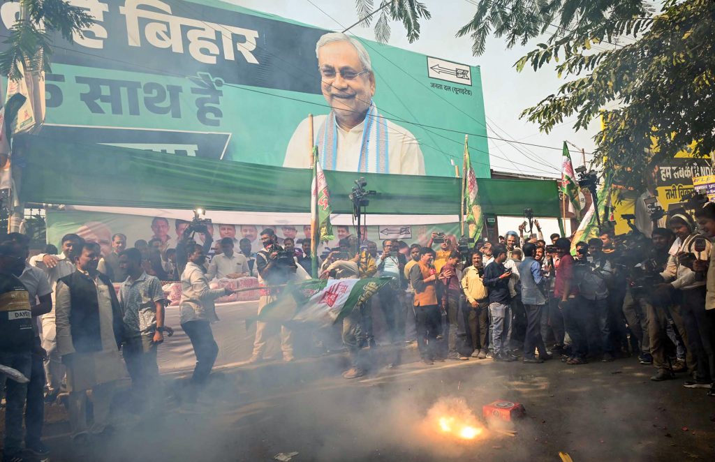 BJP supporters celebrate NDA's lead in the vote counting of Bihar Assembly election 2025