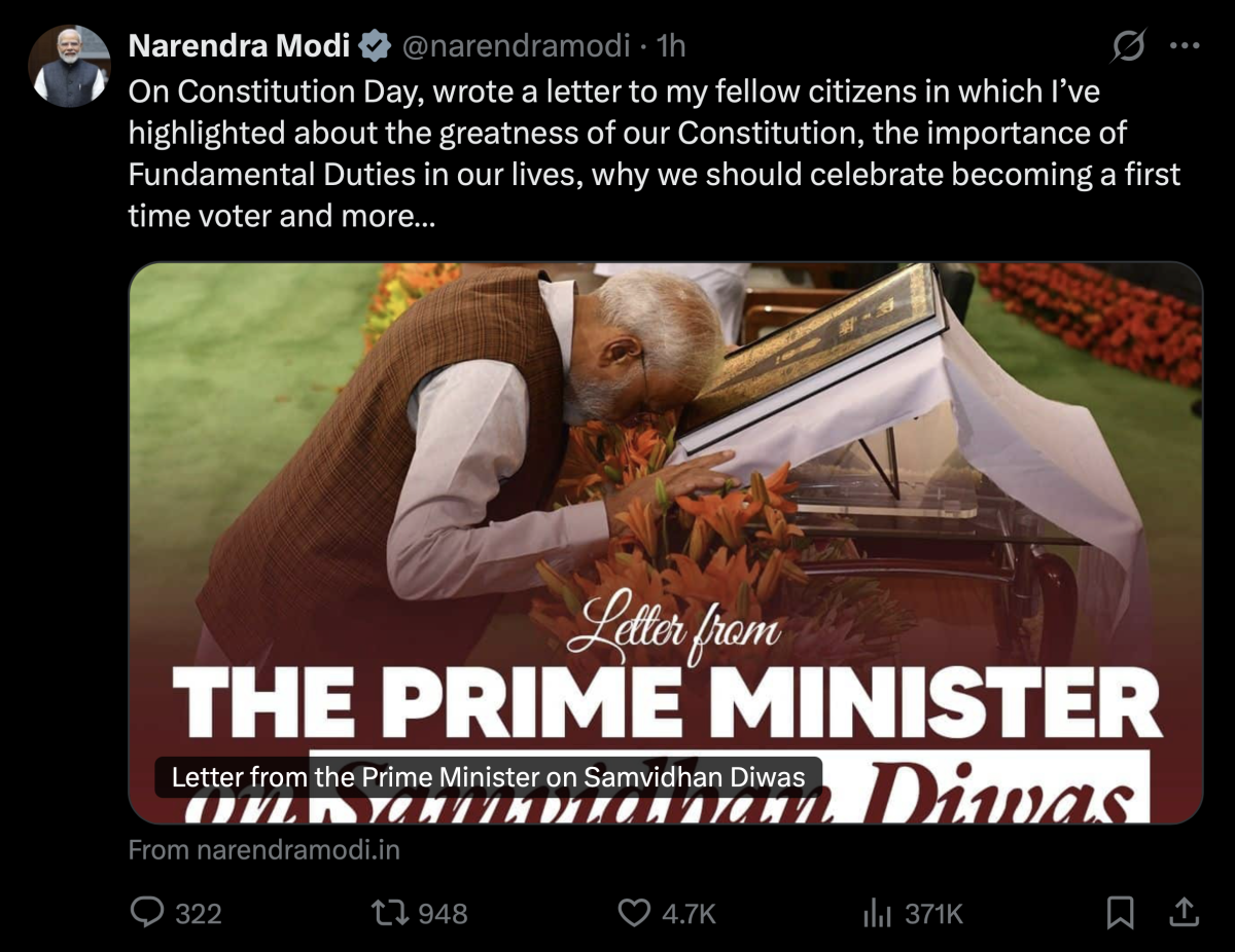 संविधान दिवस पर पीएम मोदी ने संविधान निर्माताओं को नमन कर नागरिक कर्तव्यों के पालन की अपील की