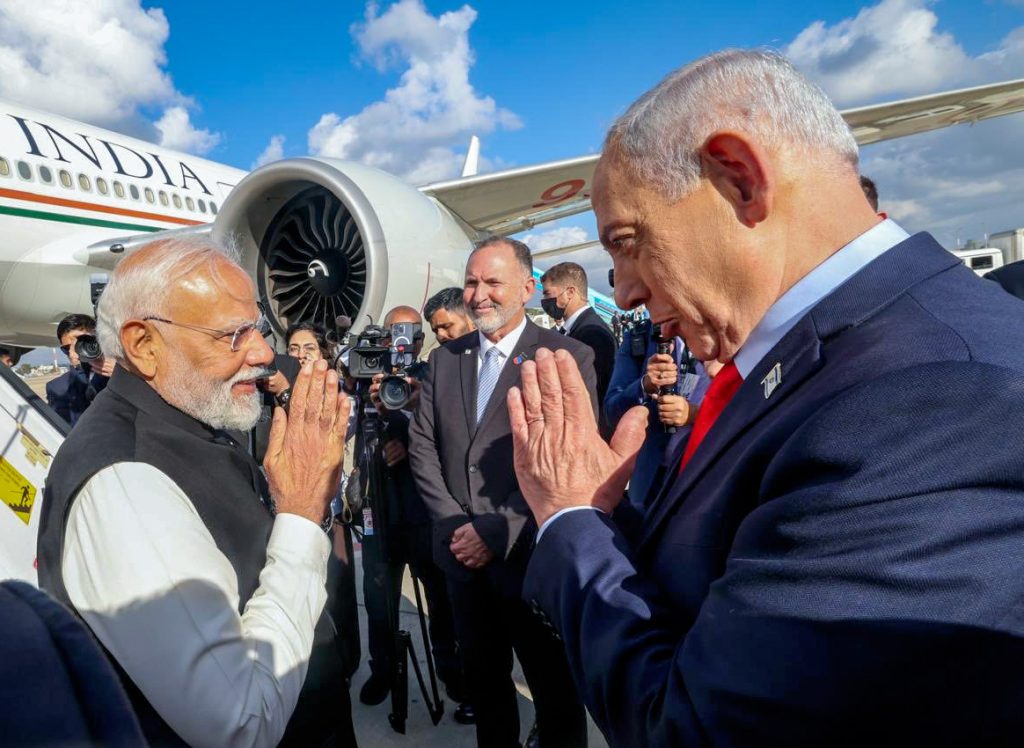 Prime Minister Narendra Modi and Israeli Prime Minister Benjamin Netanyahu greet each other as he departs after concluding his state visit