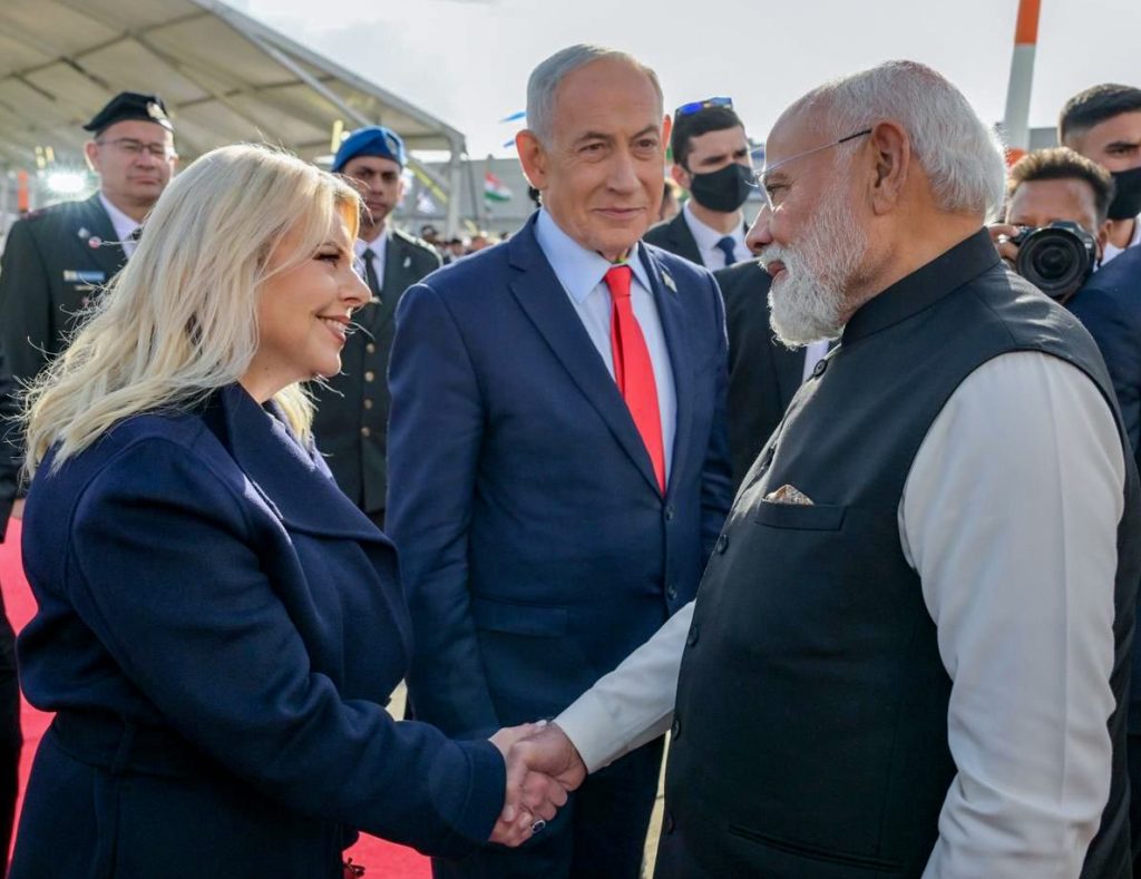 Prime Minister Narendra Modi shakes hands with Israeli Prime Minister Benjamin Netanyahu's wife, Sara, as he departs after concluding his state visit