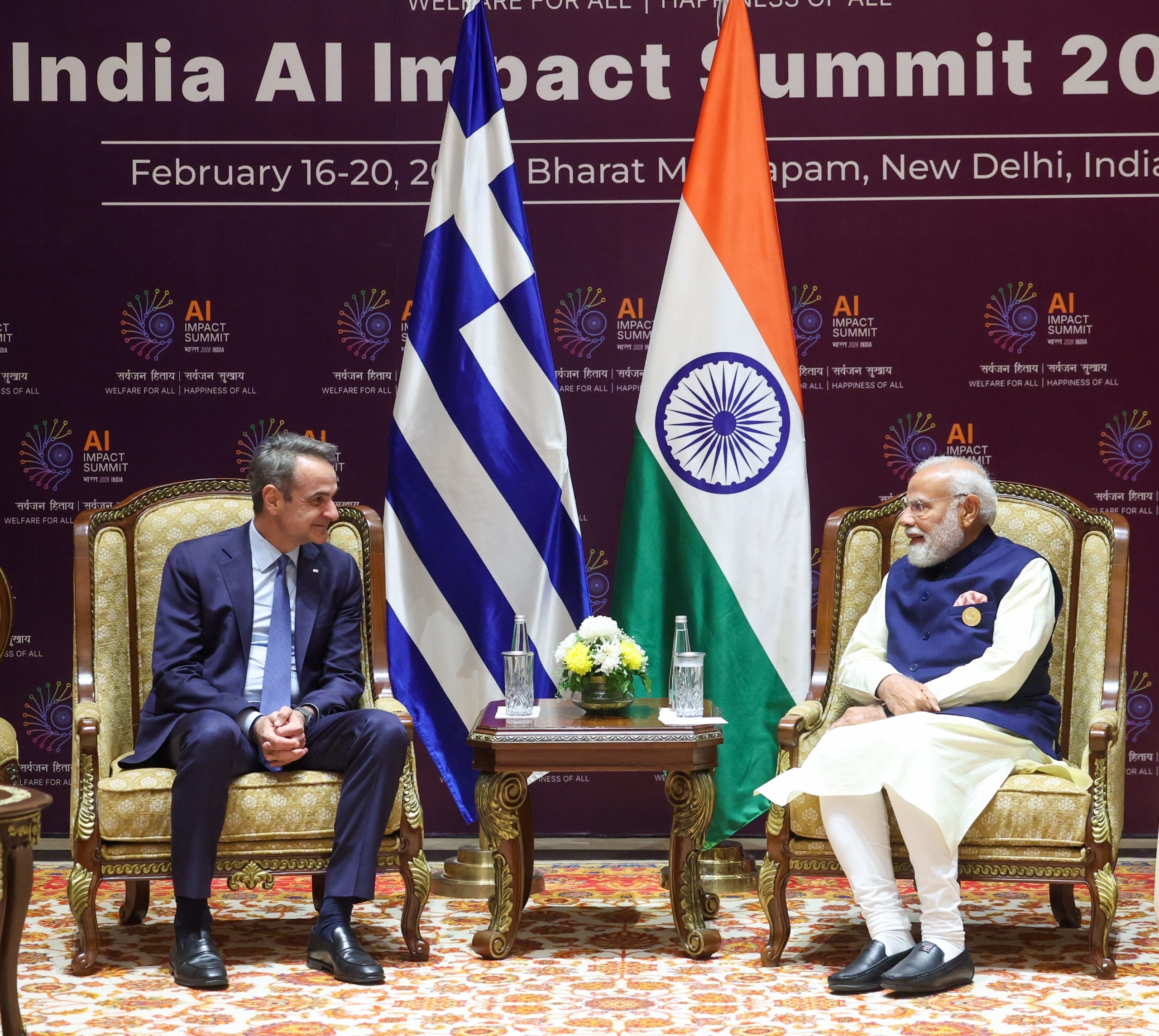 PM Modi Meets Greek PM Mitsotakis on India AI Impact Summit 2026 Sidelines, Review Strategic Partnership Progress