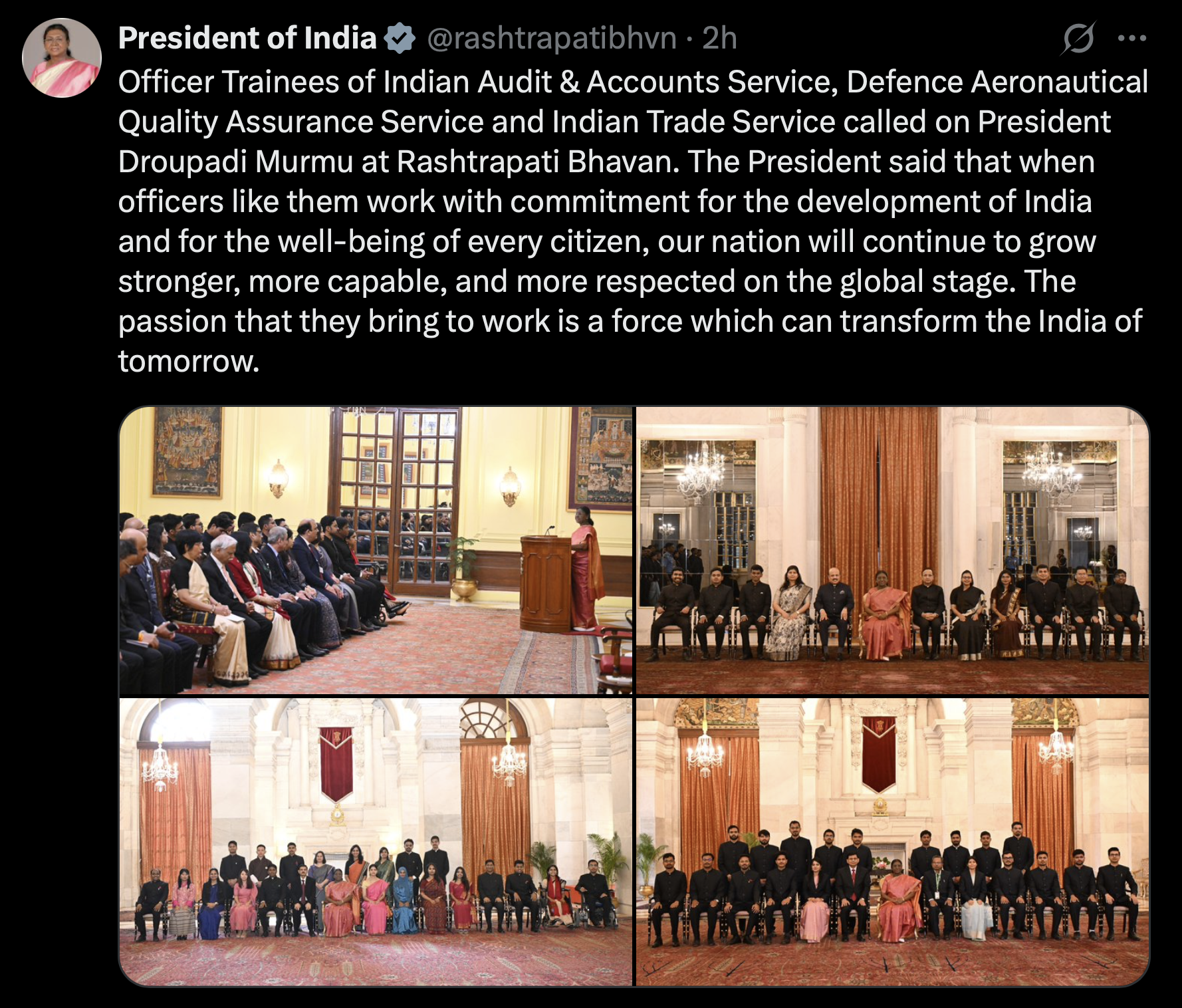 राष्ट्रपति द्रौपदी मुर्मु से भारतीय लेखा एवं अन्य सेवाओं के प्रशिक्षु अधिकारियों ने की मुलाकात