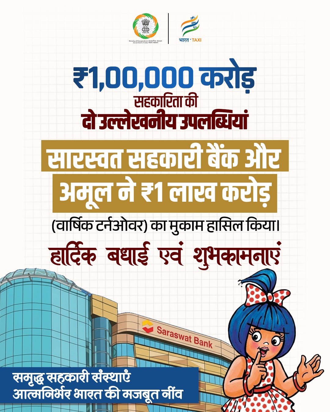 अमित शाह ने अमूल और सारस्वत बैंक को ₹1 लाख करोड़ टर्नओवर पर दी बधाई