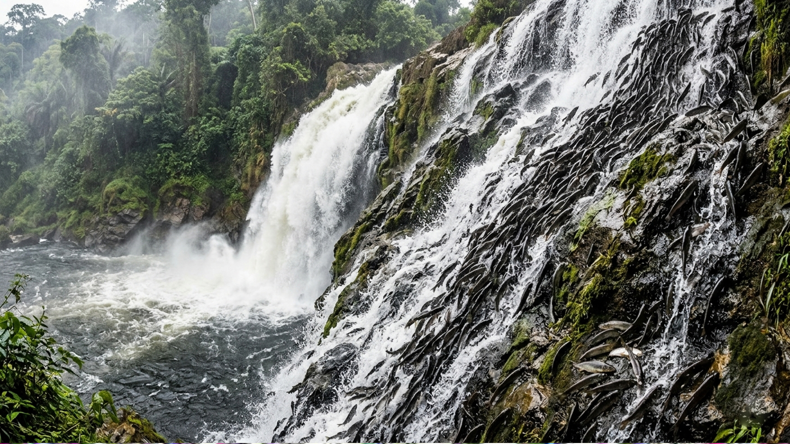 Thousands of small fish defy gravity to climb Congo waterfall