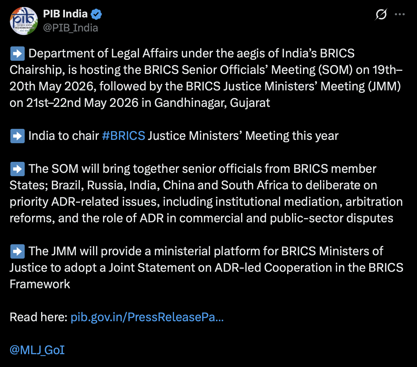ब्रिक्स न्याय मंत्रियों की बैठक 19 मई से गांधीनगर में, भारत करेगा अध्यक्षता