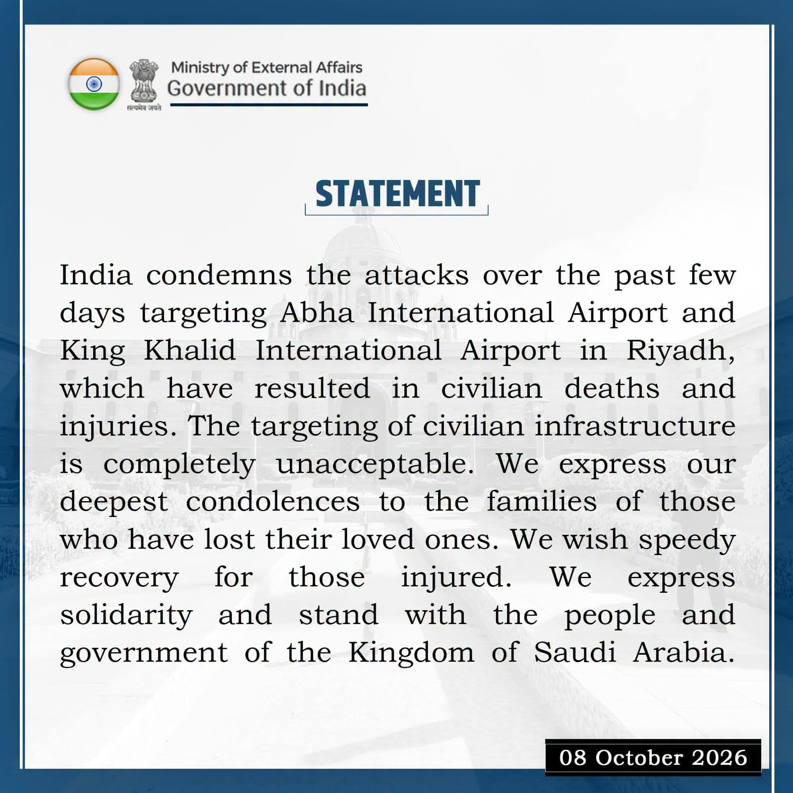 “Completely unacceptable”: India condemns attacks targeting Saudi airports